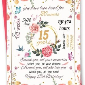 Sweet 15th Birthday Card, Funny 15th Birthday Gifts for Daughter Niece Granddaughter Sister, Lovely 15th Birthday Decorations for Her, Gifts for 15 Year Old Girl