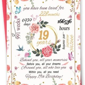 Funny 19th Birthday Card for Women Her, Cute 19 Year Old Birthday Gift for Daughter Granddaughter, Happy 19th Birthday Decorations for Girls, Nineteenth Bday Card for Sister Friend